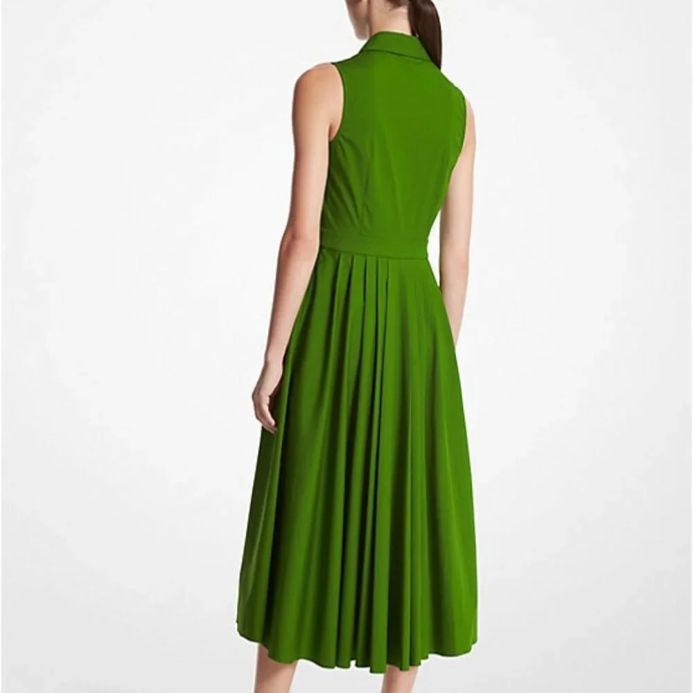 Michael Kors Collection Green Sleeveless Pleated Poplin Midi Shirt Dress 12 - Picture 3 of 14